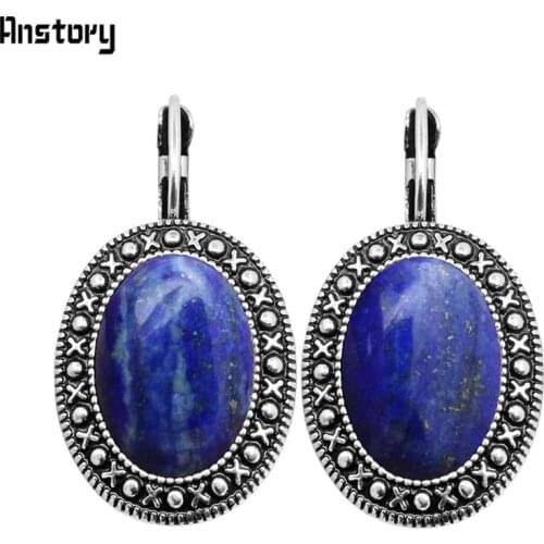Natural Lapis Lazuli Earrings Vintage Pendant Earrings For Women Antique Silver Plated Fashion Jewelry