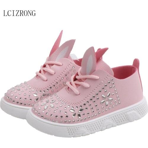 LCIZRONG New Fashion Leather Kids Girl Sneakers Cute Ear Crystal Non-slip Casual Shoes Girls Lovely Princess Children Shoes