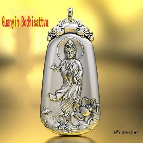 Pure Silver S999 Avalokitesvara Pendant Male Solid Buddha Amulet Necklace Carved Necklace Pendant For Men And Women 2021 New