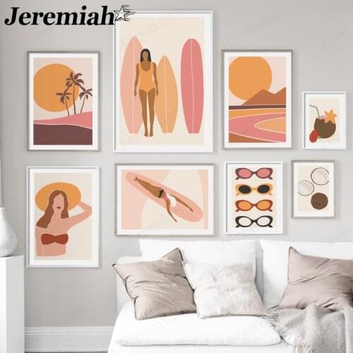 Simple Girl Canvas Painting Beach Surfboard Coconut Tree Poster Wall Art Modern Room Living Room Decoration Picture