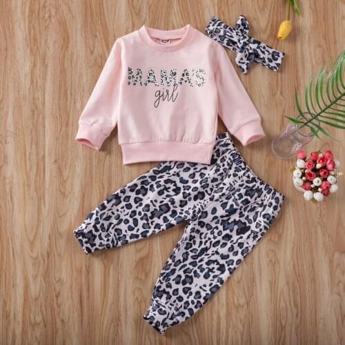 Pudcoco Newborn Baby Girl Clothes Letter Long Sleeve Sweatshirt Tops Leopard Print Pants Headband 3Pcs Outfits Cotton Clothes