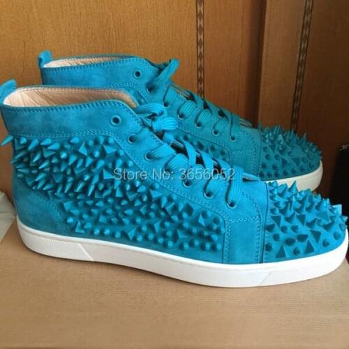 Shooegle Designer Zapatillas Hombre Casual Rivet Studded Flat Leather Shoes Man Trainers Cross Tied High Top Spiked Sneakers Men