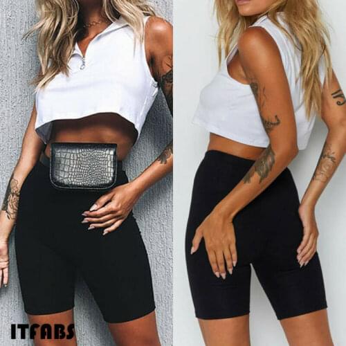 Summer Womens Cycling Shorts Stretch Plain Casual Yoga Sports Fitness Ladies Elastic Waist Elastic Black Slim Shorts