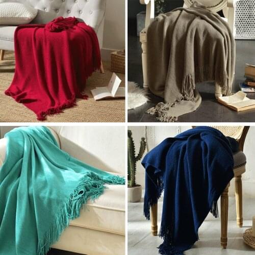 American rural style wine red dark blue blanket tassels sofa cushion chair decorative blanket modern wool knitting blanket