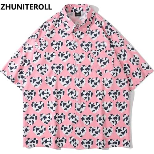 Vintage Hawaiian Blouse Hip Hop Streetwear Cow Heart Graphics Print Short Sleeve Shirts Fashion Casual Harajuku Men Summer Tops