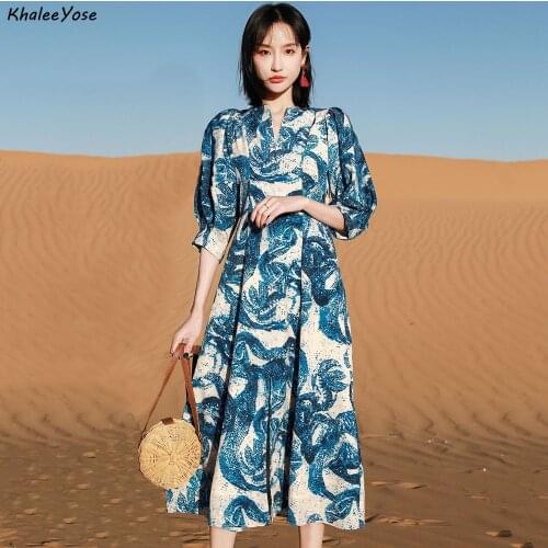 Khalee Yose Vintage Floral Midi Dress Spring Holiday Women Dresses Puff Sleeve V-neck Elegant Highstreet Ladies Blue Long Dress