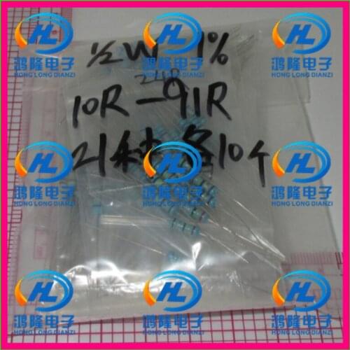 Total 210pcs 1/2W 21valuesX10pcs=210pcs 10R~91R Metal Film Resistor Kit Resistor Pack 0.5W 1% samples psck Assorted Kit