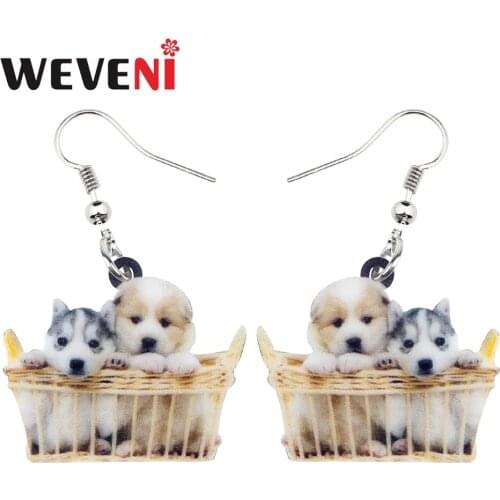WEVENI Acrylic Basket Of Husky Shih Tzu Puppy Dog Earrings Dangle Drop New Trendy Cute Animal Jewelry For Women Girl Statement
