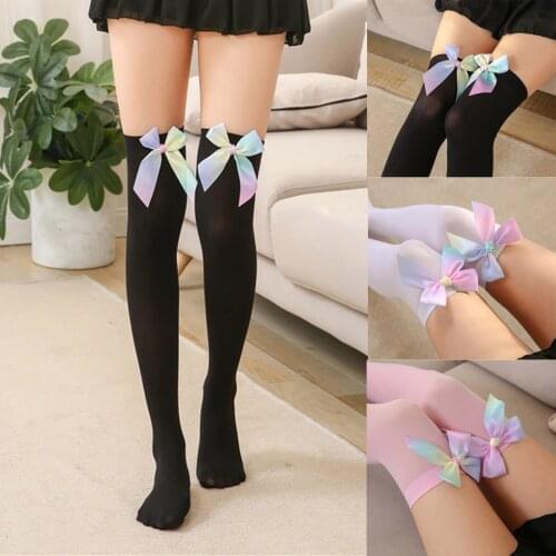 Ladies Satin Bow Cute Sexy Legs Long Tube Transparent High Thigh Stocking Bow-knot Seduction Sexy Ladies Over-the-knee Socks