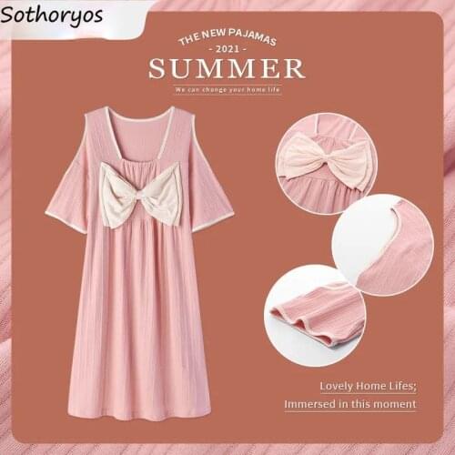 Women Designer Sleepshirts Off Shoulder Bow Square Collar Loose Lovely Girls Large Size M-3XL Females Nightgowns Princess Trendy