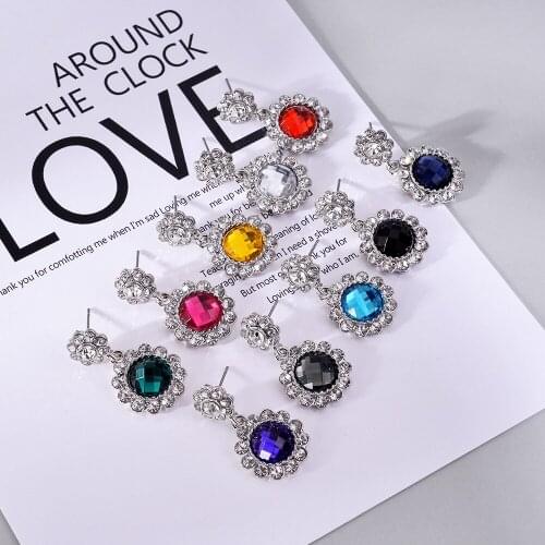 LUBOV Colorful Crystal Stone Inlaid Sun Flower Pendant Dangle Earrings Elegant Rhodium Color Metal Drop Earrings Women Jewelry