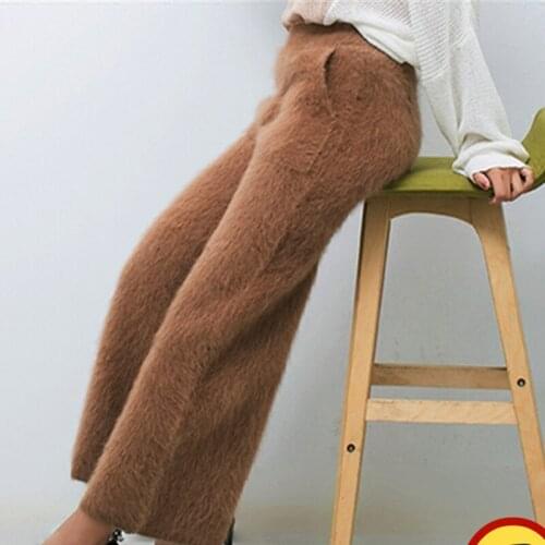 Womens winter mink cashmere knitted trousers thick warm wide leg pants free shipping