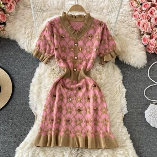 Summer Knit Dresses Women Vintage Elegant Korean Jacquard Knitted Dress Simple Pearl Clasp V-Neck Elastic Work Office Vestidos