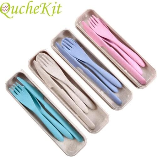 3pcs Wheat Straw Knife Forks Spoon Cutlery Set For Kitchen Outdoor Camping BBQ Portable Dinnerware With Box Student Tableware