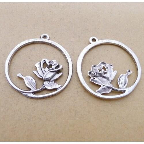 Newest 6Pieces 32*35mm Mixed Alloy Antique Silver Color Rose Round Charms Fashion Pendant Necklace For DIY Jewelry Making