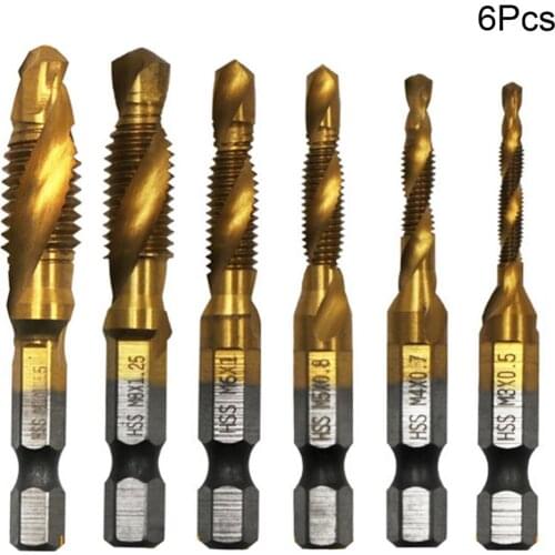 6pcs Tap Die Drill Bit 4341 HSS Tap Die Drill Bit 1/4 Inch 6.35mm Hex Shank Screw Thread Wood Worker Hole Cut Spiral Tapping