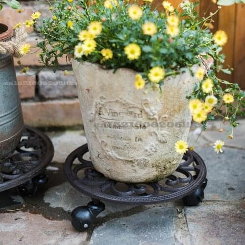 Cast Iron Round Flower Pot Moving Tray Base Tray with Wheels Garden Plant Underframe Metal Plant Stand Flower Pot Garden Shelf