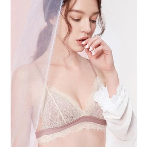 French Ultra-thin Female Comfortable No Steel Ring Sexy Lace Triangle Cup Breathable Gathered Bra Set SML