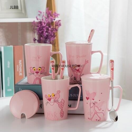 Ceramic Pink Naughty Panther cup Cartoon Ceramics Latte Milk Juice Tea Cups with Cover Spoon Birthday Anniversary gifts