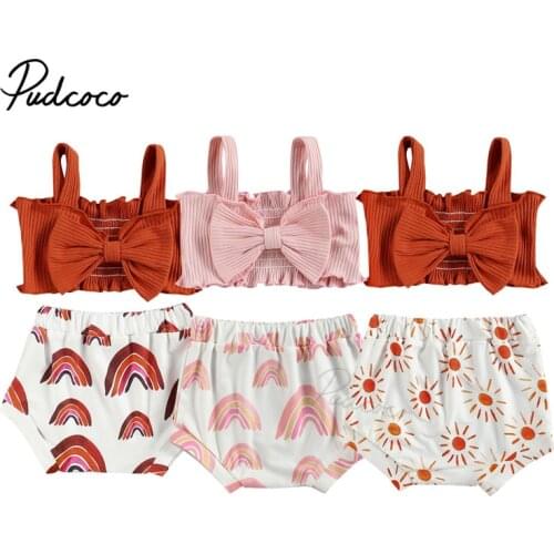 Baby Girl 2Pcs Summer Clothes Set, Solid Color Big Bow Decoration Short Ribbed Tank Tops with Rainbow Printed Triangle Shorts
