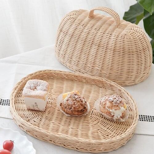 Summer Rattan Food Cover Japanese Natural White Rattan Basket Bread Cake Fruit Storage Tray Breathable Organizer Kitchen Storage