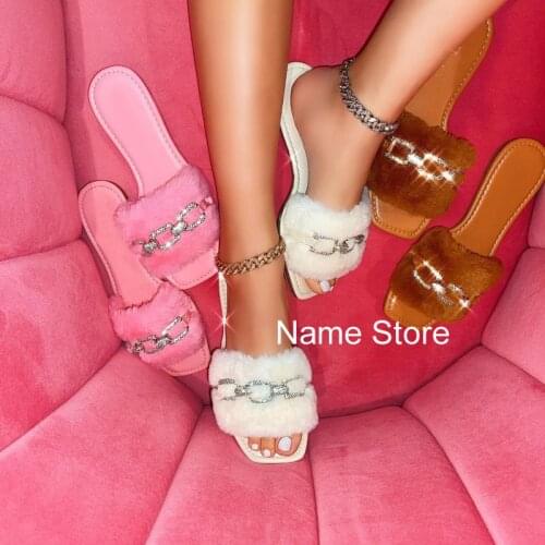 Summer Rhinestone Chain Womens Shoes Fashion Plush Slippers Open Toe Solid Color Womens Shoes Plus Size