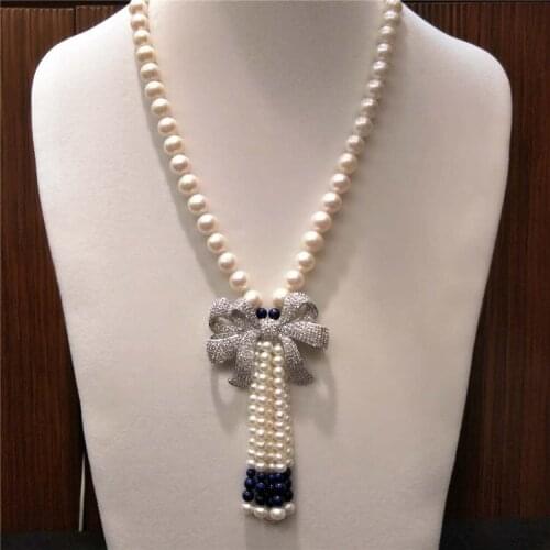 Hot sell natural 8-9mm white freshwater pearls Lapis lazuli bowknot accessories long necklace sweater chain fashion jewelry