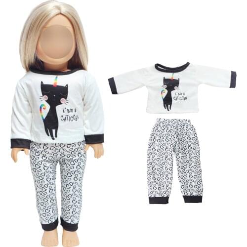 Fashion Black Doll Outfit Cat Pattern Shirt Trousers Cute Accessoriess Clothes for American 18 Inch Doll Girl Baby DIY Toys