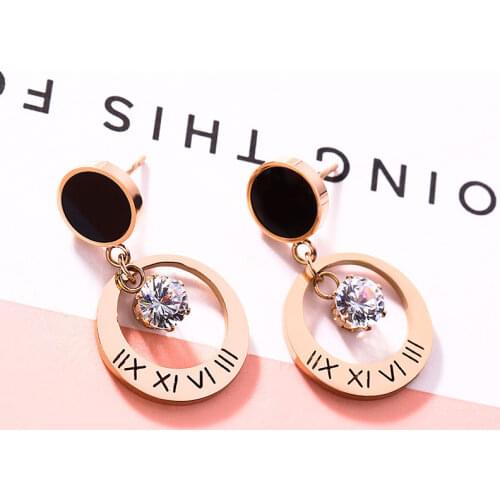 Fashion Top Brand Roman Numerals Round Earrings Titanium Steel Rose Gold Non-fading Zircon Earring Jewelry