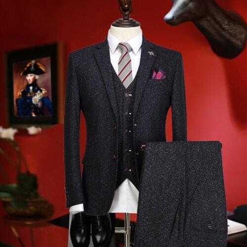 Men suit warm thicken retro black wedding groom wear fashion suit set 3 pieces blazer vest pant single breasted tuxedo slim fit