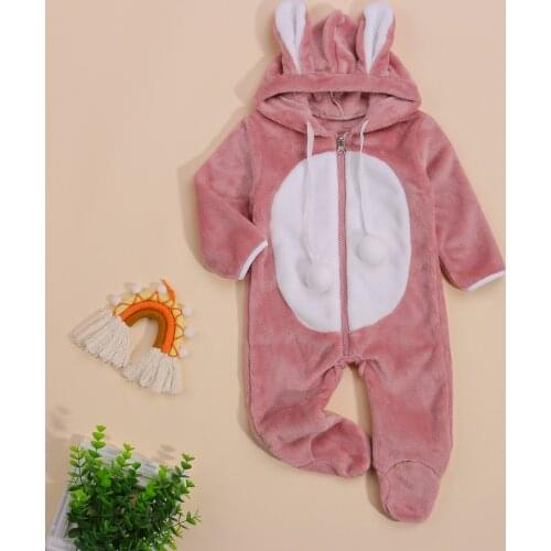 2021 New Winter Warm Baby Girls Boys Hooded Romper Velvet Color Block Footed Jumpsuit with Rabbit Ears Pom Poms Toddler Clothes