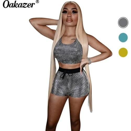 Oakazer Summer Sexy Glitter 2 Piece Set Outfits for Women Clubwear Crop Top and Short Suits Vacation Elasticity Tracksuit 2021