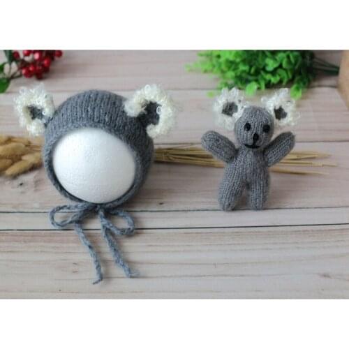 Grey Koala Handknit Baby Boy Hat Stuffed Toy Photo Prop Fuzzy Comfortable Newborn Animal Hat Doll Photography Props