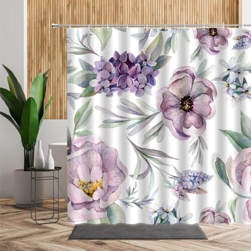 Purple Oil Painting Flower Shower Curtain Dahlia Printed Pattern Bathroom Screen Polyester Fabric Waterproof Bath Curtains Set