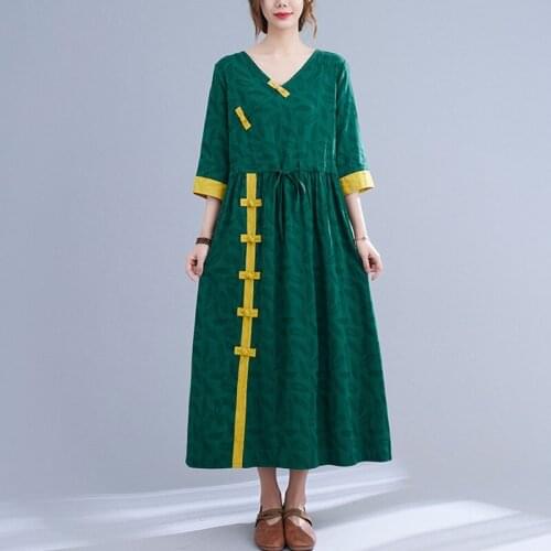 Women Summer Cotton Linen Casual Dress New Arrival 2021 Arts Style Vintage V-neck Half Sleeve Ladies A-line Long Dresses B401