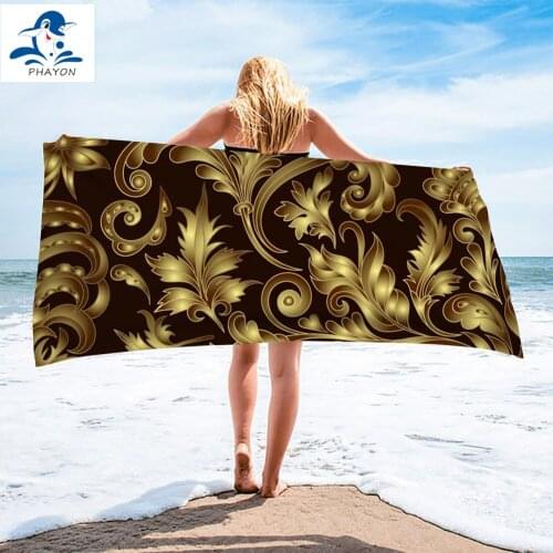 PHAYON 1Pcs Quicky-dry Microfiber Bath Towels Luxury Golden Flowers 75*150cm Beach Towel Large Sport Towels Camping Accessories
