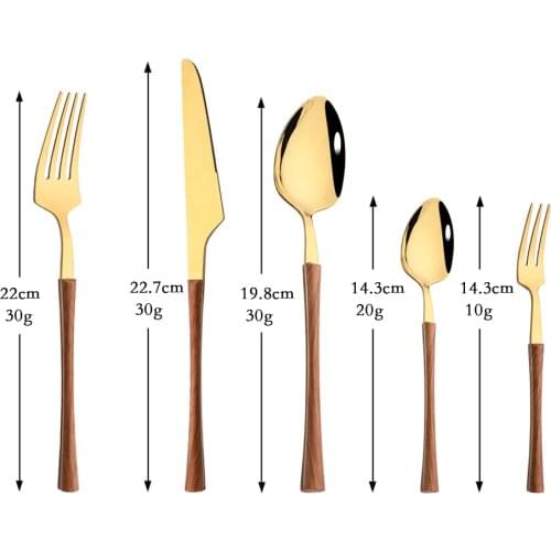 5Pcs Gold Stainless Steel Imitation Wooden Handle Cutlery Set Dinnerware Western Tableware Knife Tea Fork Coffee Spoon Flatware