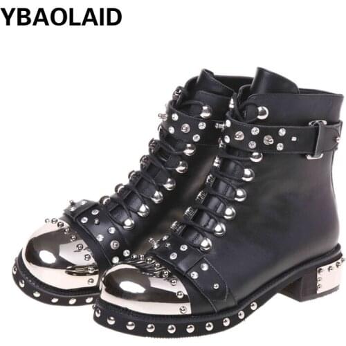 Fall/winter New Style Iron Head Metal Decoration Flat Heel Short Boots Solid Color Round Head Rivet Cross Straps Knight Boots