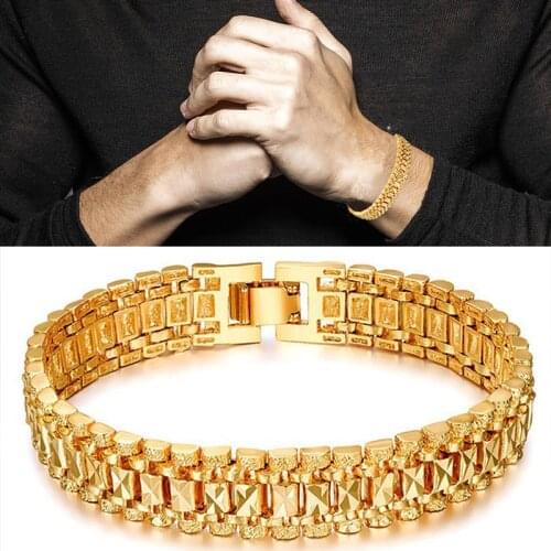 Men 5/10MM Golden Curb Chain Link Bracelet Hip hop Jewelry Gold Thick Heavy Copper Material Women Chain Bracelet