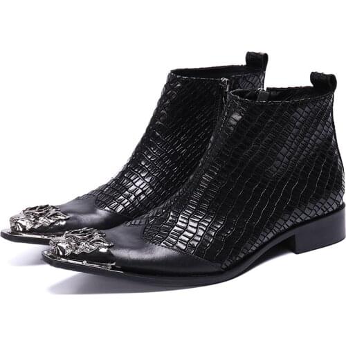 Christia Bella New Fashion Metal Pointed Toe Men Motorcycle Short Boots Black Snake Pattern Business Genuine Leather Male Boots