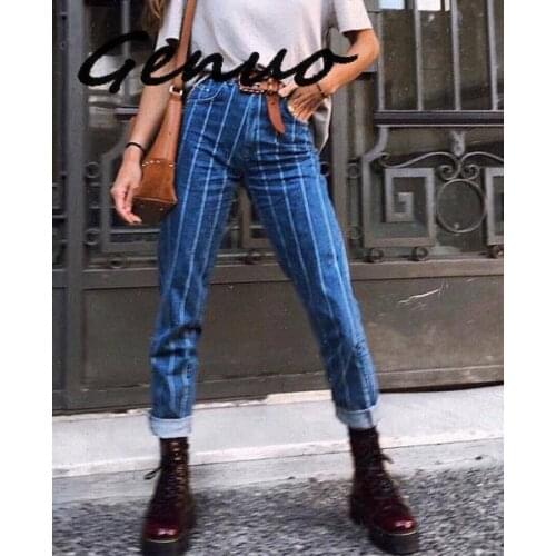 Genuo New Sexy stripe denim women zipper pants Fashion pocket blue jeans women Casual streetwaer skinny slim autumn trousers