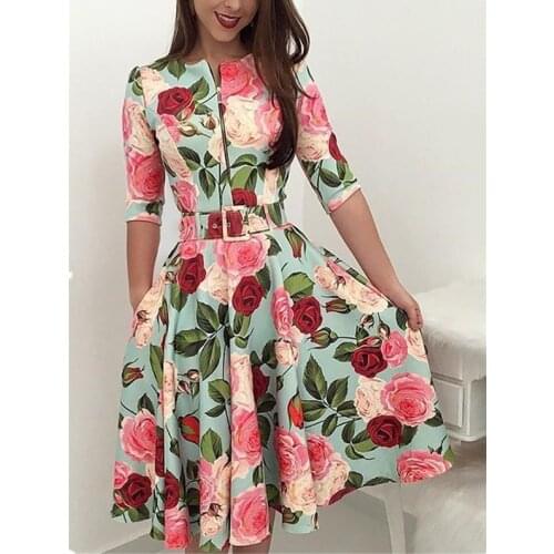Elegant Ladies Bohemian Floral Long Sleeve High Waist Dress Round Tie Belt Slim High Street Vacation Dress Two Types Sizes S-XL