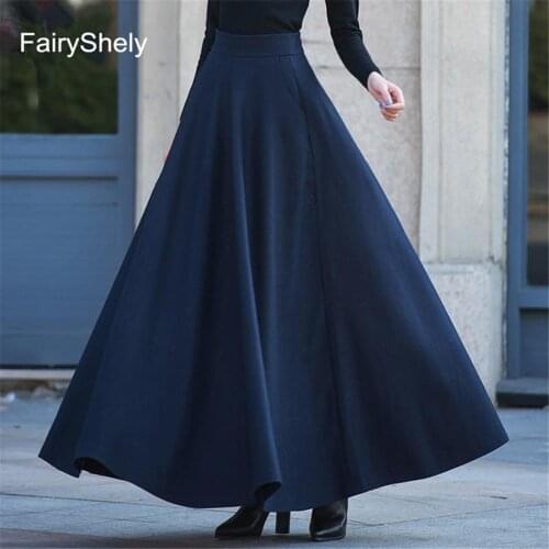 FairyShely 2020 Autumn Winter Retro High Waist Pleated Skirt Women Casual Pocket Woolen Maxi Skirt female Flare Red Long skirt