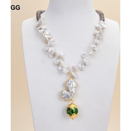 GuaiGuai Jewelry Keshi Pearl Grey Agate Gems Stone Necklace Kehshi Pearl Green Murano Class Pendant 19