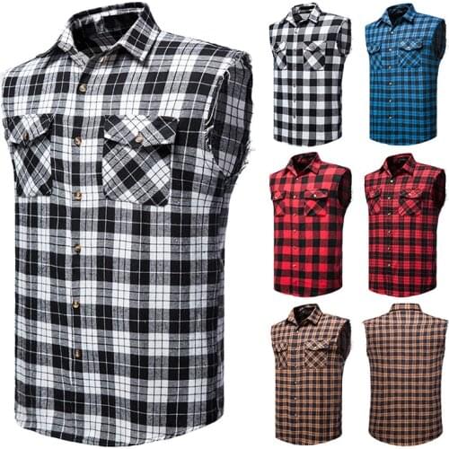 Mens casual flannel plaid shirt sleeveless cotton oversized vest
