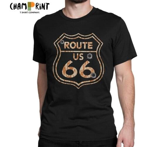Vintage Route 66 Sign Highway T Shirts for Men 100% Cotton Humorous T-Shirt Crew Neck Tees Short Sleeve Clothes Party
