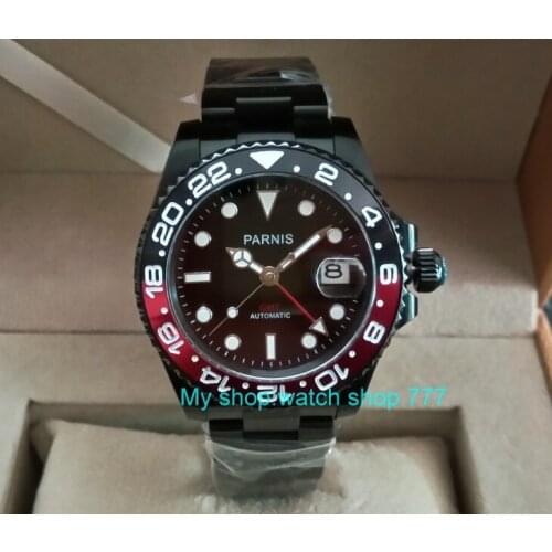 Sapphire crystal 40mm PARNIS PVD case Asian Automatic Self-Wind movement rotating bezel GMT luminous mens watch pa27