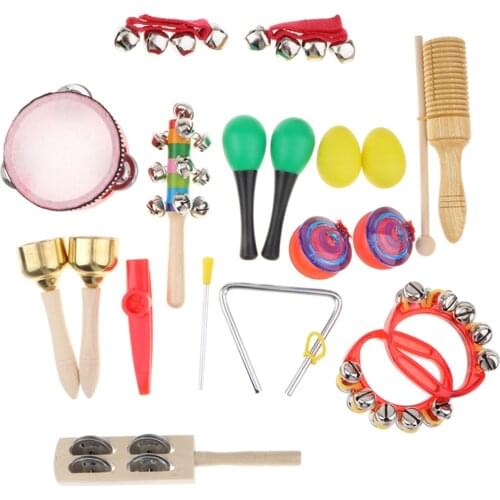 18pcs Musical Percussion Set Tambourine Drum Maraca Wrist Bell For Kid Party