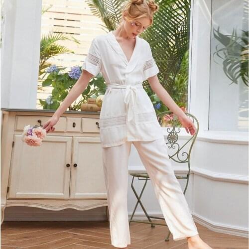 Wasteheart New White Sexy Women Cotton Lace V Neck Sleep Nightwear Suits Night Pajama Sets Sleepwear 2 Pieces Long Homewear