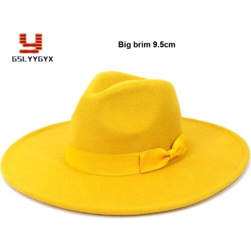 New Arrivel 9.5cm Big Brim Spring Women Men Elegant Solid 21 Colors Black White Pink Fedora Hat Jazz Panama Outdoor Hat